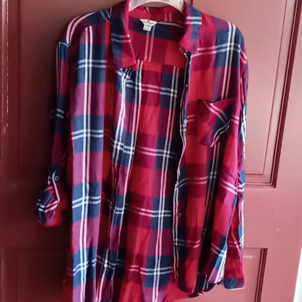 Red and blue plaid button up shirt